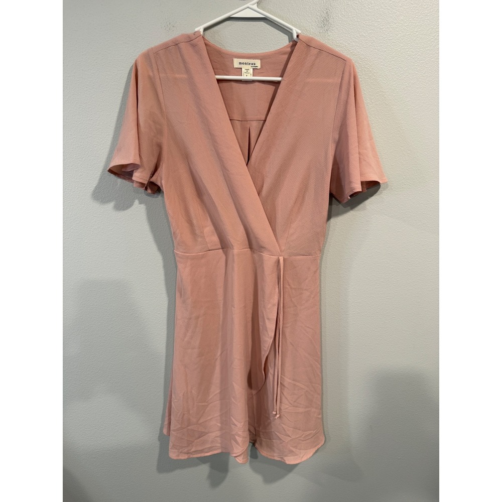 Monteau‎ Pink Textured Wrap Midi Dress Short Flutter Sleeves Size Large